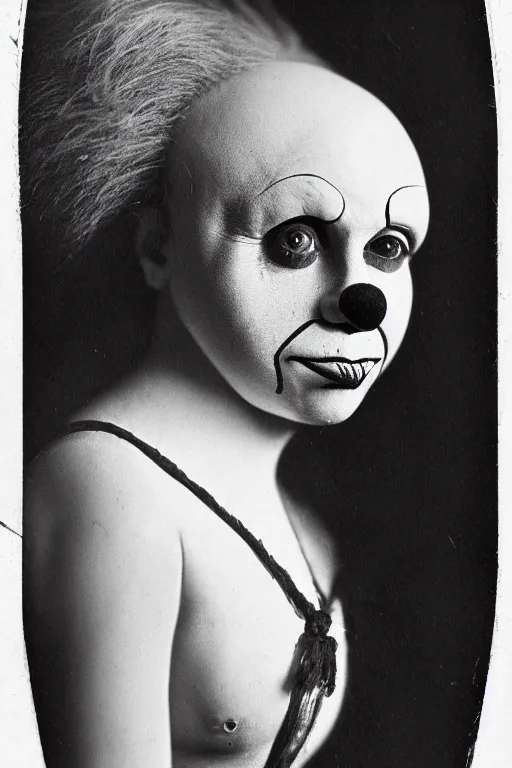 Prompt: old realistic photo of face of a female clown, photograph, early 1 9 0 0's, black and whitehighly detailed, matte, sharp focus, smooth, sharp focus, illustration