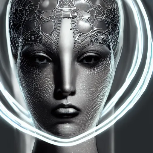 Image similar to closeup portrait of an absurdly beautiful, graceful, sophisticated, fashionable cyberpunk mechanoid gravure idol, ultrafine hyperdetailed illustration by irakli nadar, matt wisniewski style, marvel comics, intricate linework, porcelain skin, neon jellyfish headdress, ivory carved ruff, unreal engine 5 highly rendered, global illumination, radiant light, detailed and intricate environment