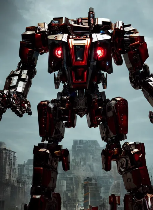 Image similar to a shiny ornate boxing humanoid mecha in ruin city, epic pose, bright, by war robots, real steel ( 2 0 1 1 ), westworld and eve venture and pacific rim and machine warrior 5, cryengine, frostbite 3 engine, scarlet and yellow scheme, sharp focus, 8 k, high definition, insanely detailed, soft lighting, smooth face