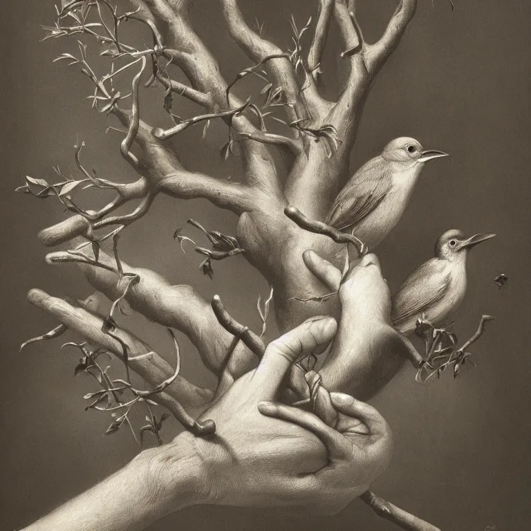 Prompt: a beautiful painting of a bird in hand is worth two in the bush, highly detailed, 8 k resolution, mark catesby, karl blossfeldt, elizabeth gould