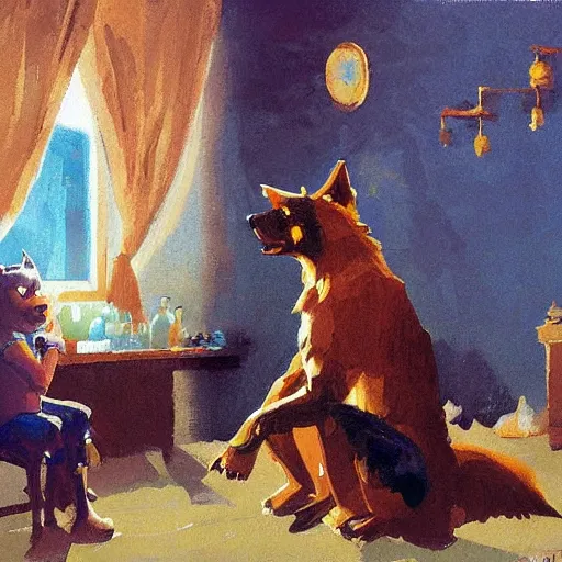 Image similar to a humanoid german shepherd beast - man, sitting and watching a soccer match in his house on television, he has hurt his knee and is a dad, by erin hanson, alexi zaitsev, karl spitzweg, award winning, tv set