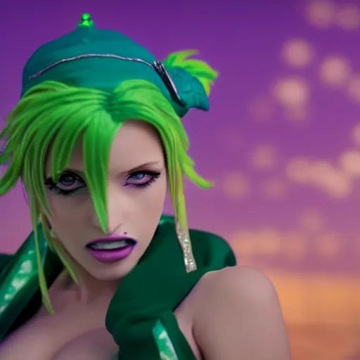 Image similar to cinematic scene with bella thorne as jolyne from jojo's bizarre adventure, stone ocean, dramatic, small details, volumetric lighting, still frame