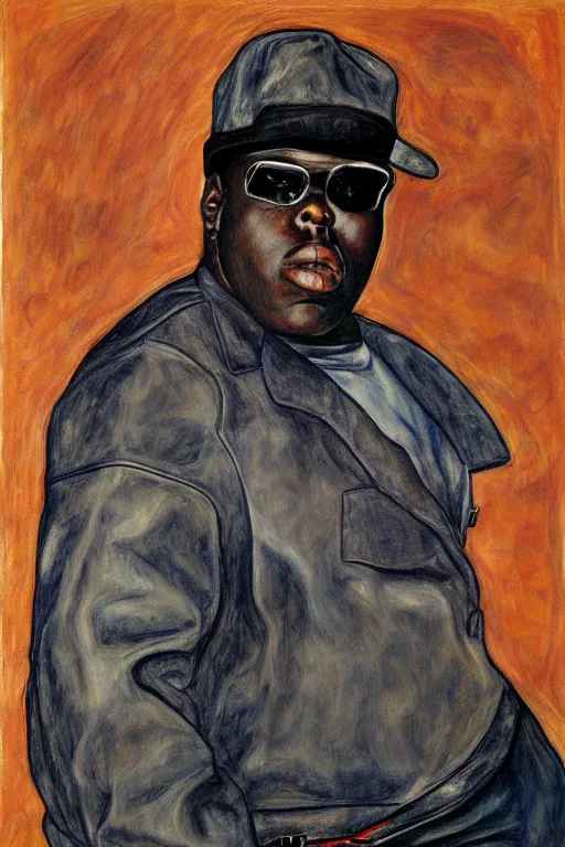 Image similar to a portrait of biggie smalls pointing a gun in style of egon schiele, masterpiece, hyperdetailed, complex, intricate, 4 k, trending on artstation