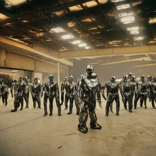 Prompt: photo, a giant massive group of men wearing full body shiny reflective kaiju and robot latex suits including pants and shirts and boots and masks, performing an incredibly acrobatic wild dance inside a decaying condemned 1980's mall