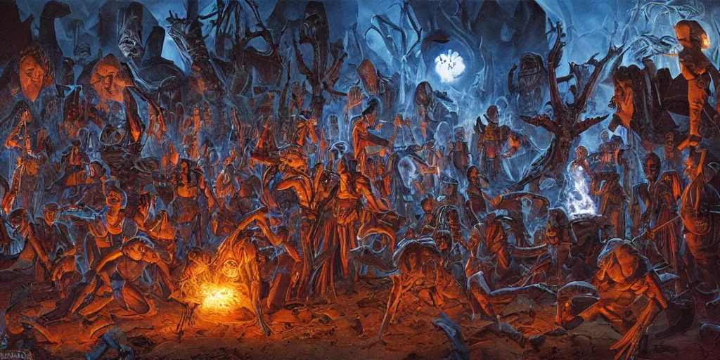 Prompt: horrible and evil new age deception by Michael Whelan by Jeff Easley cinematic, coherent, realistic faces, clear, detailed, intricate, dramatic lighting, establishing shot, 8k resolution