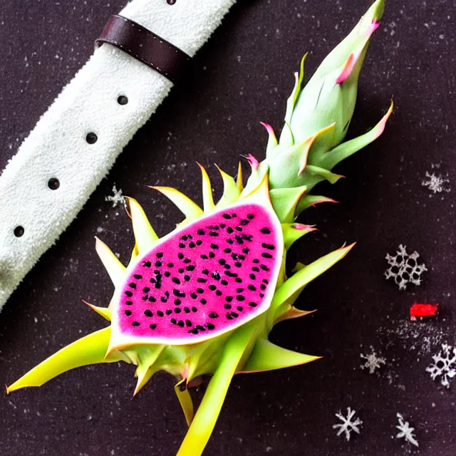 Image similar to a dragonfruit wearing a karate belt in the snow