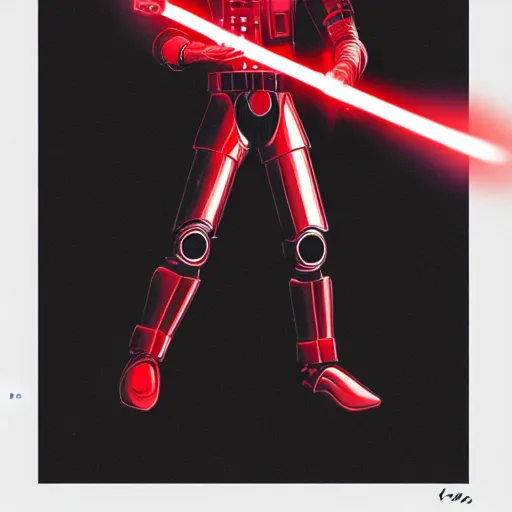 Prompt: robot character, red lightsaber, space, star wars, retrowave, vaporwave, black cloak, concept art, arstation, award winning art by