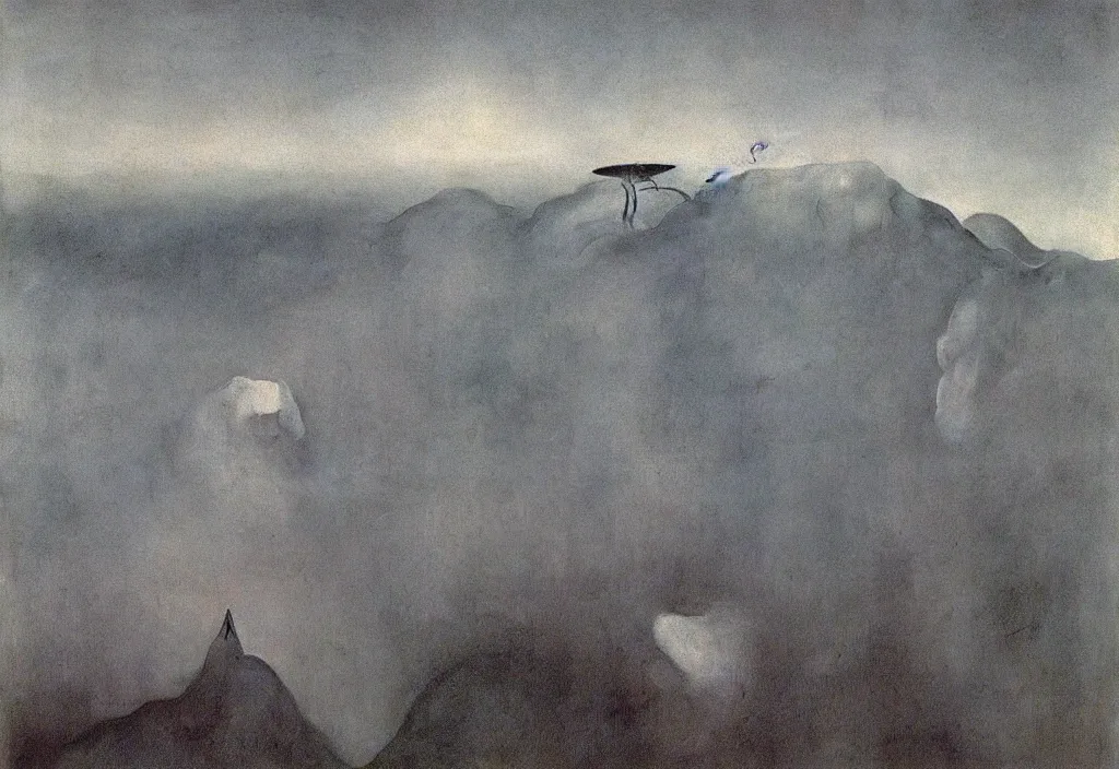Image similar to shy mountain summit taking a peek through the clouds, fog, with curious eyes. joy of life happy flying creature. painting by yves tanguy, jean delville, rene magritte, max ernst, monet