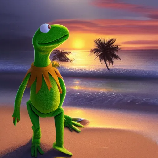 Prompt: Kermit the Frog is walking happily on the beach, the sun is setting behind him, palm trees swaying in the wind gracefully, Kermit is happy, hyperdetailed, artstation, cgsociety, 8k