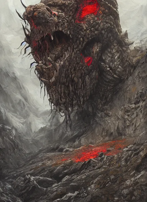 Image similar to a monster in the mountains of hell, oil painting by tomasz jedruszek, cinematic lighting, pen and ink, intricate line, hd, 4 k, million of likes, trending on artstation