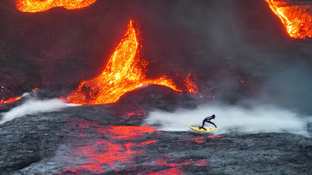 Image similar to medium shot of a person wearing a sponsored jersey surfing down a river of lava on the side of a volcano on surfboard, action shot, dystopian, thick black smoke and fire, sharp focus, cinematic, imax