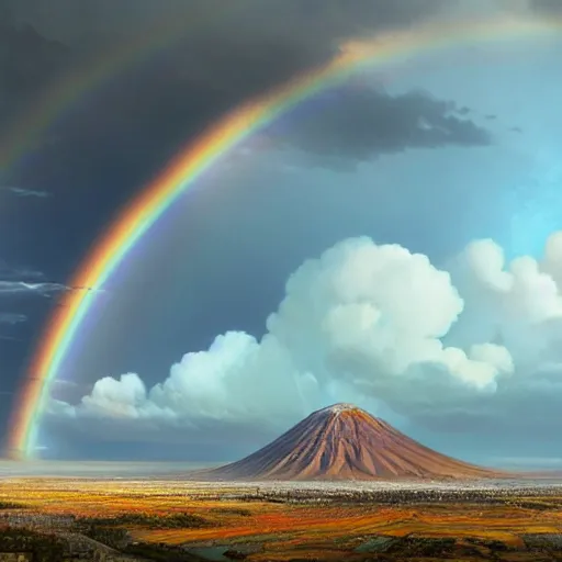 Image similar to a detailed matte painting of noah's ark, double rainbow in a clear blue sky, mount ararat far away in the background, art by artgerm and greg rutkowski and alphonse muchan, cosmic, heavenly, god rays, intricate detail, cinematic, 8 k, cel shaded, unreal engine, featured on artstation, pixiv