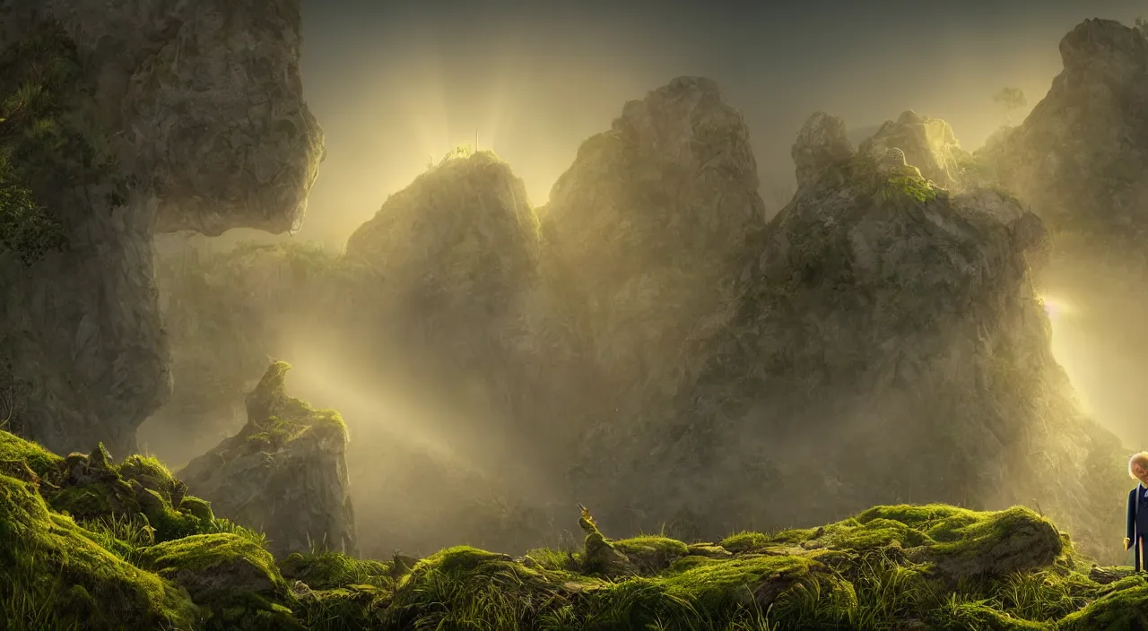 Image similar to photorealistic matte painting of mr burns of the simpsons standing far in misty overgrowth undergrowth jagged rock features volumetric fog light rays high contrast dawn