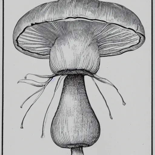 Image similar to botanical technical drawing of a rabbit sitting near a toadstool mushroom :: Cottage core :: fine detailed :: line art :: lithography :: ink detail and color