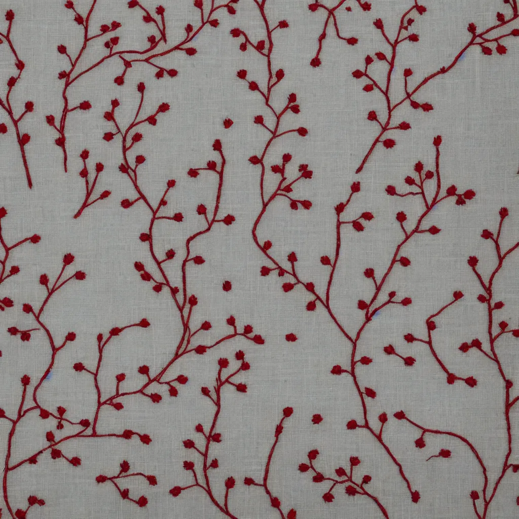 Image similar to embroidered pattern of currant leaves on white linen fabric