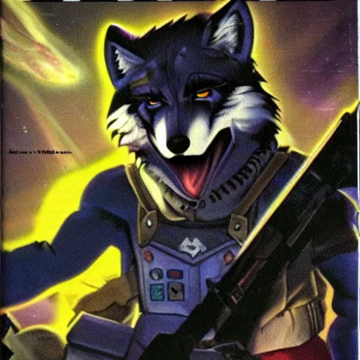 Image similar to 1 9 8 0 s video game art of anthropomorphic wolf o'donnell from starfox fursona furry wolf in a dark space mercenary uniform, looking heroic, magazine scan, 8 0 s game box art, dark grey wolf o'donnell