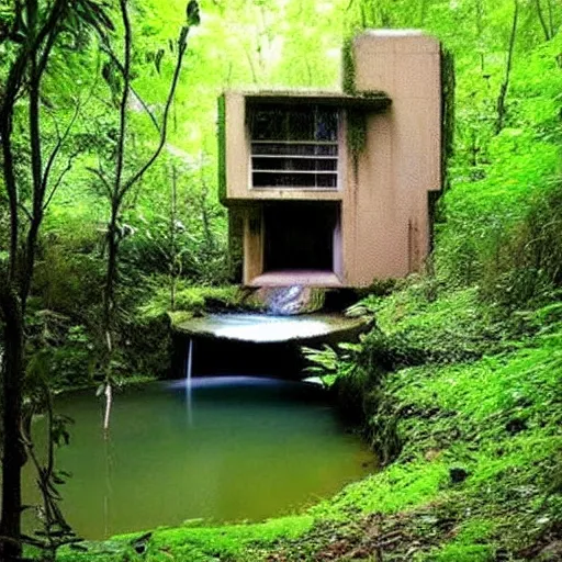 Prompt: abandoned, overgrown, underground bunker, room with waterfall and lake, beautiful, underground