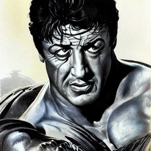 Prompt: stallone goddess perfect face coherent by frank frazetta