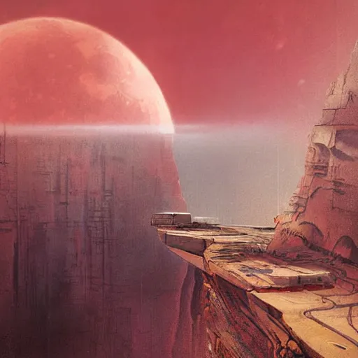 Image similar to a high angle on a wide, deep crack on a red moon with no atmosphere, industrial space colony hugging the cliffs on both sides of the crack, bridges crossing the gap, sci - fi art by greg rutkowski