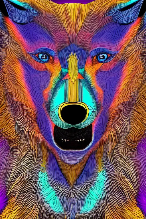 Image similar to Portrait of a wolf head. Acid trip colors, very geometrical, symmetrical, brutalist, cement, psychedelic colors, trending on artstation