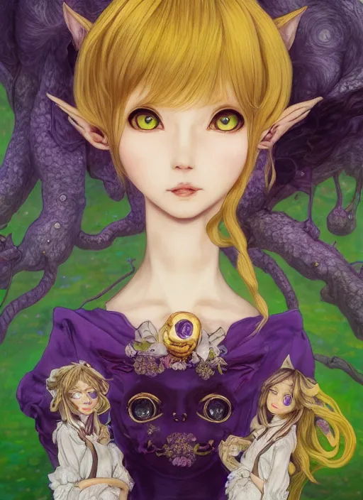 Image similar to elf girl, cat suit, soft hair. light color palate, purple, yellow and white. detailed soft painting, ayami kojima, made in abyss, anatomically correct, ilya kuvshinov, inspired in balthus, high detailed face anime, vogue magazine, glorious composition, mobile wallpaper