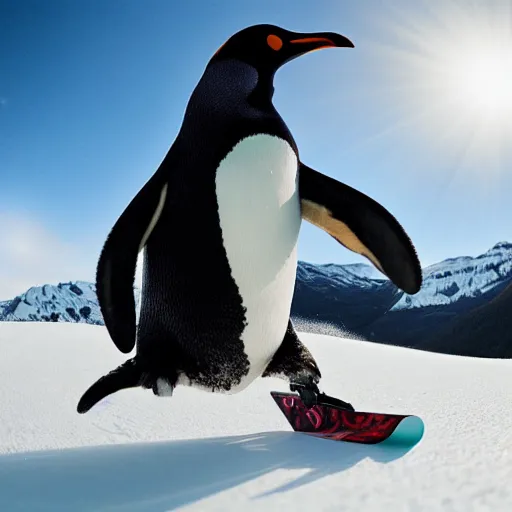 Image similar to ultrawide angle photograph of a snowboarding penguin, extremely detailed. the very detailed penguin is wearing a helmet and snowgoggles. the snowboard he is riding is red and made by burton, 8 k