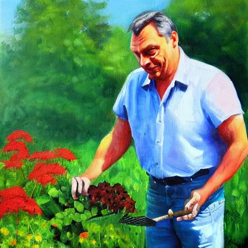 Image similar to viktor orban gardening, oil painting