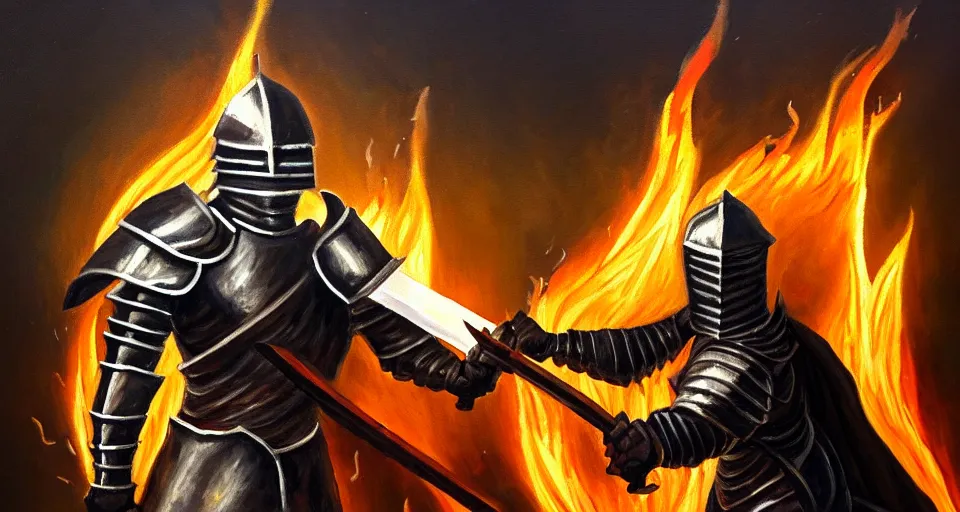 Image similar to An oil painting of a knight in dark metal armor wielding a flaming sword