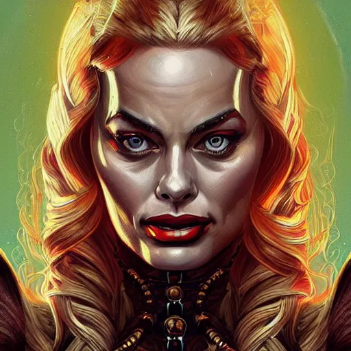 Image similar to “A portrait of a demonic Margot Robbie, digital art by Dan Mumford and Peter Mohrbacher, highly detailed, trending on DeviantArtHQ”