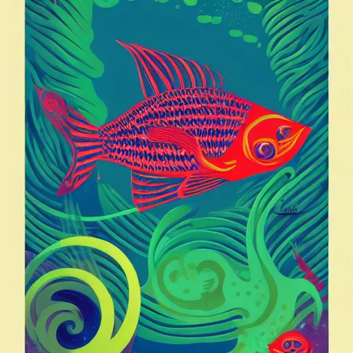 Prompt: one stylized fish with saturated colors viewed in profile in the dark ocean filled with complex sparkles and patterns, artstation, intricate, realistic, highly detailed, digital painting, concept art, sharp focus, illustration by tom whalen and charles williams and kilian eng and james jean