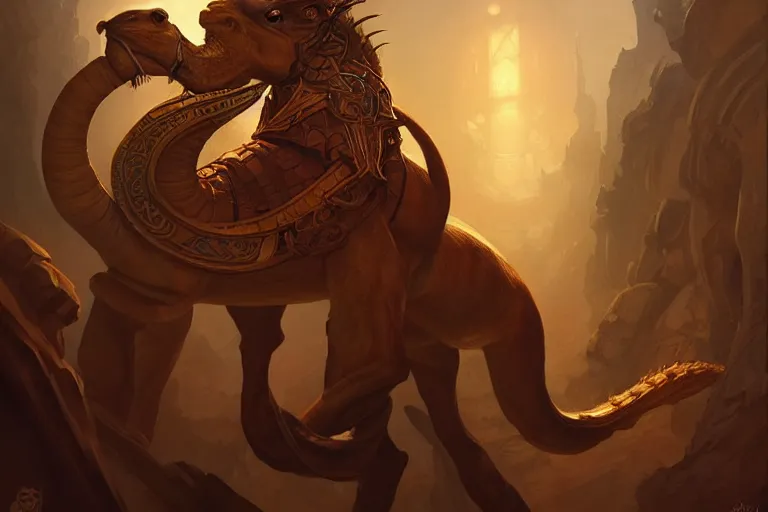 Image similar to hydra camel, 1 0 0 1 night, deep focus, d & d, fantasy, intricate, elegant, highly detailed, digital painting, artstation, concept art, matte, sharp focus, illustration, hearthstone, art by artgerm and greg rutkowski and alphonse mucha