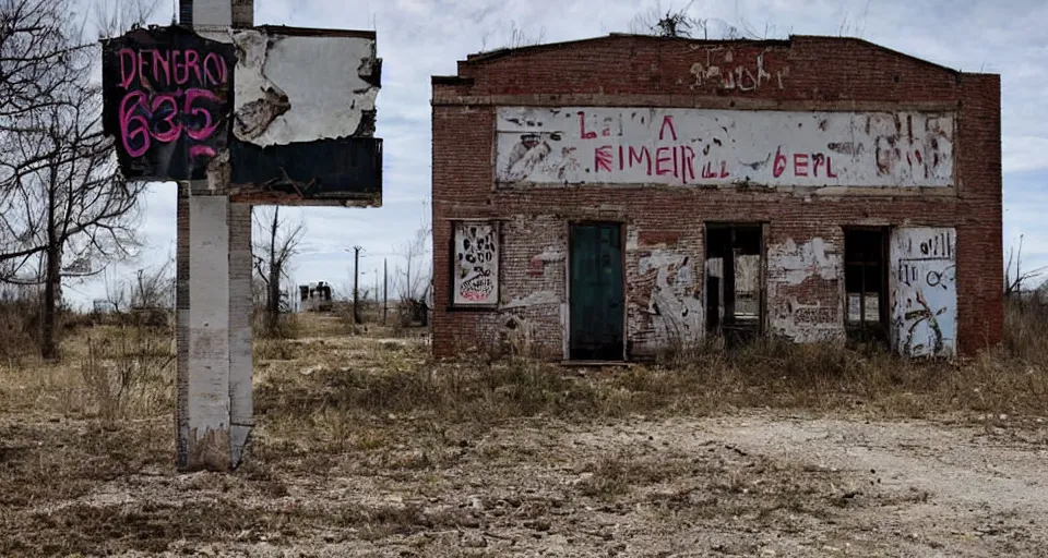 Prompt: an abandoned decrepit town with a sign saying 624 NEVER FORGET