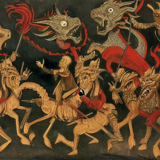 Image similar to A party of knights fighting a dragon, oil painting, 12th century