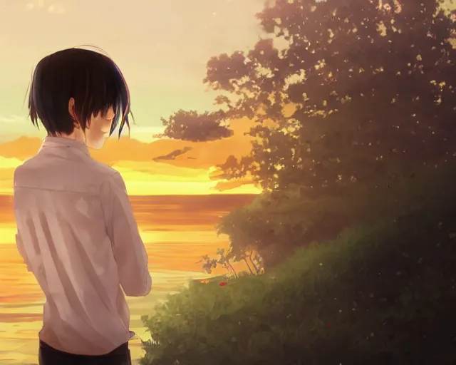 Prompt: teen looking at the sunset, wearing white collared shirt, back turned, looking up, illustration, by pine ( ハイネ ) and 薯 子 imoko and 香 川 悠 作 and wlop and maya takamura, highly detailed, trending artstation, pixiv, digital art