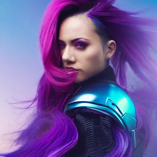 Image similar to a stunning high shutter speed action upper body portrait of a beautiful woman with a ombre purple pink hairstyle with hair flying wearing futuristic navy blue and teal battle bodyarmor and pauldrons by marvel comics, outrun, vaporware, action photography, highly detailed, fine detail, intricate, digital art, trending on artstation