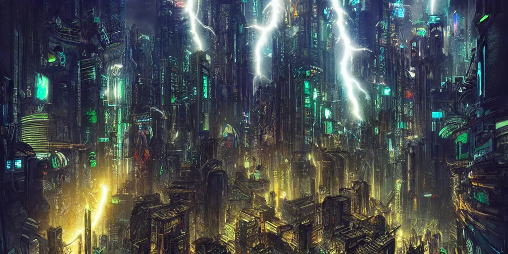 Image similar to Cyberpunk City in style of Gustave Moreau. Symbolism, Detailed Art, 8K, Epic, Dynamic Lightning.