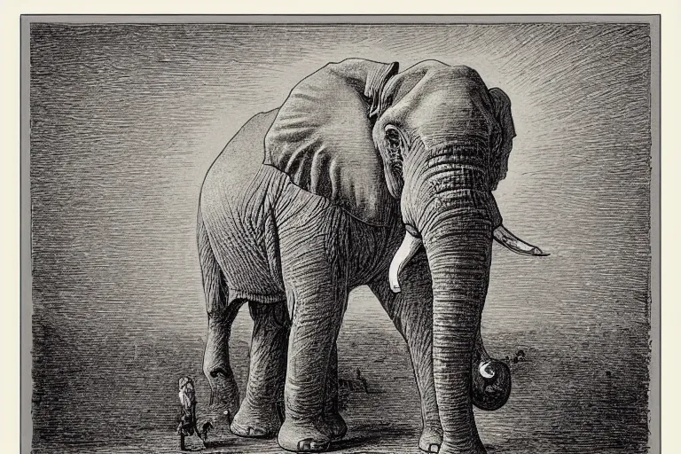 Image similar to elephant holding flat planet, Gustave Dore lithography