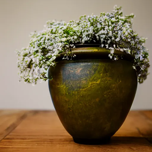 Prompt: dslr photo of a vase on a table, 25mm macro, f/1.3