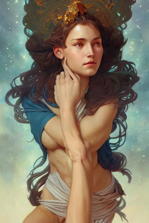 Image similar to goddess of space and time, accurate anatomy, only two hands, highly detailed, digital painting, artstation, concept art, smooth, sharp focus, illustration, Unreal Engine 5, 8K, art by artgerm and greg rutkowski and alphonse Mucha