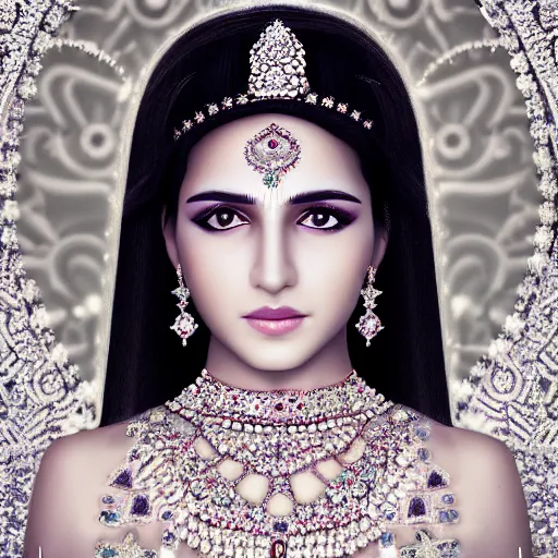 Image similar to portrait of wonderful hindi princess of white diamonds with fair skin, white flowers, ornate with white diamonds, 8 k, gorgeous, intricate, detailed, glowing white accent lighting, dramatic lighting, octane render