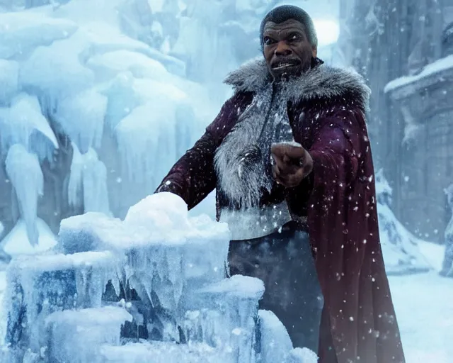 Image similar to keith david as a powerful ice mage casting a snow spell, fantasy art, extremely detailed, high quality, award - winning,