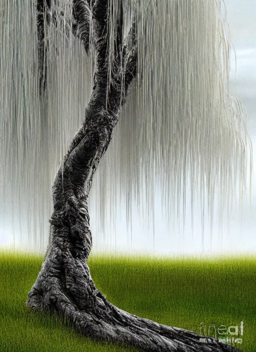 Image similar to nature photograph of a weeping willow with black bark and silver leaves sitting on a cliff in the distance in the style of stefan kostic, realistic, half body shot, sharp focus, 8 k high definition, insanely detailed, intricate, elegant, art by stanley lau and artgerm, luis royo, cloudy background