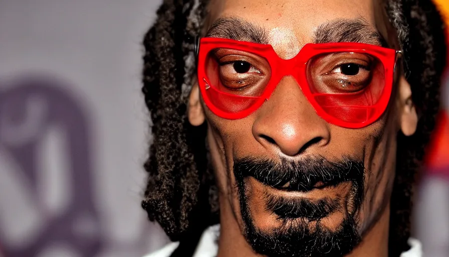 Image similar to Snoop Dogg smiles sweetly, with big red eyes