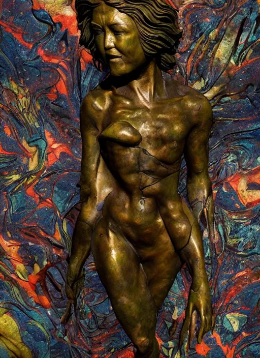 Image similar to An epic fantastic realism comic book style painting of a distressed bronze sculpture from the future by Stanislaw Szukalski, beautiful colorful flowers rain down like gilt marbled paper, fisheye lens, unreal 5, DAZ, hyperrealistic, octane render, dynamic lighting