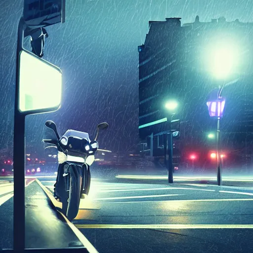 Image similar to dark nighttime foggy extremely detailed and complex poster for low poly night time motorcycle video game, night time, motorcycle, fog, mist, buildings, city, traffic signs, barriers, signs, glowing corporate logos