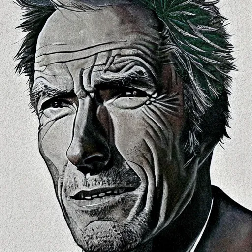 Image similar to portrait of clint eastwood made of plants, only cannabis, weed + + + + + + + + + + + + + + + +