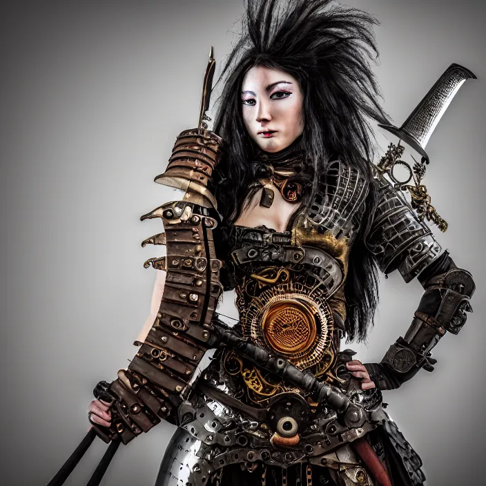 Prompt: full length photo of a real - life very beautiful clockpunk warrior, 8 k, hdr, smooth, sharp focus, high resolution, award - winning photo