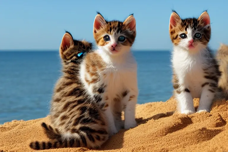 Prompt: kittens at the beach looking directly at mountain of sand