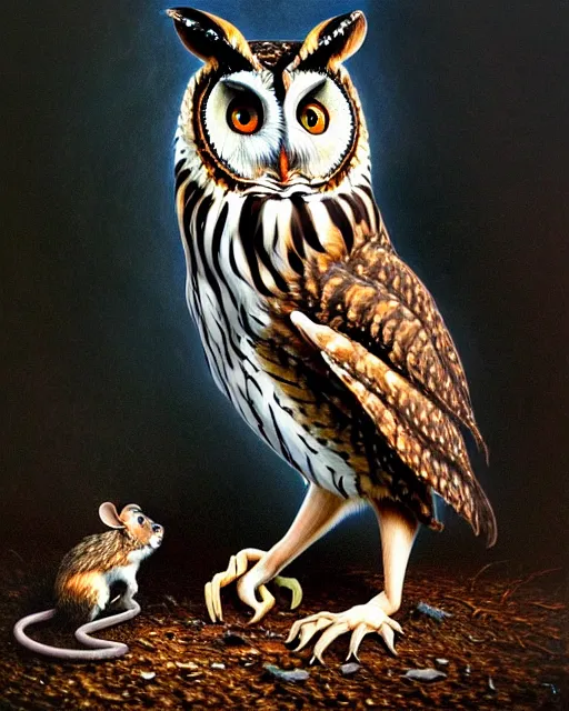 Prompt: an extremely detailed masterpiece painting of a long - eared owl on ground with mouse in it's claws, in the style of brian froud, brian despain, brian bolland, digital art, unreal engine, volumetric lighting, dark moody lighting, trending on artstation, photorealistic, epic scene