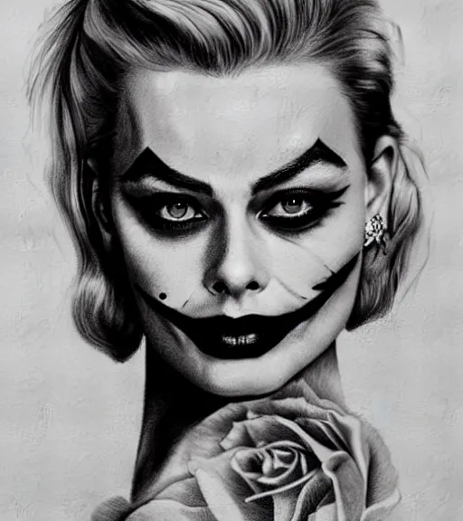 Image similar to tattoo design sketch of beautiful margot robbie portrait with joker makeup, in the style of den yakovlev, realistic face, black and white, faded sides, realism tattoo, hyper realistic, highly detailed